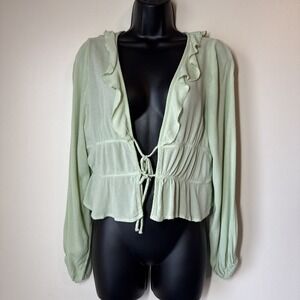Stradivarius Sheer Gypsy Top Green  XS Open Front Layering Y2K Ruffles Fairy